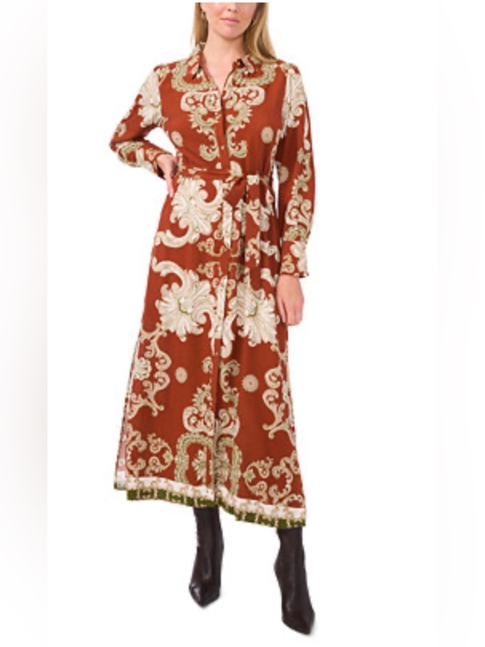MSK Rust Floral Button-Front Maxi Dress with Belt S NWT